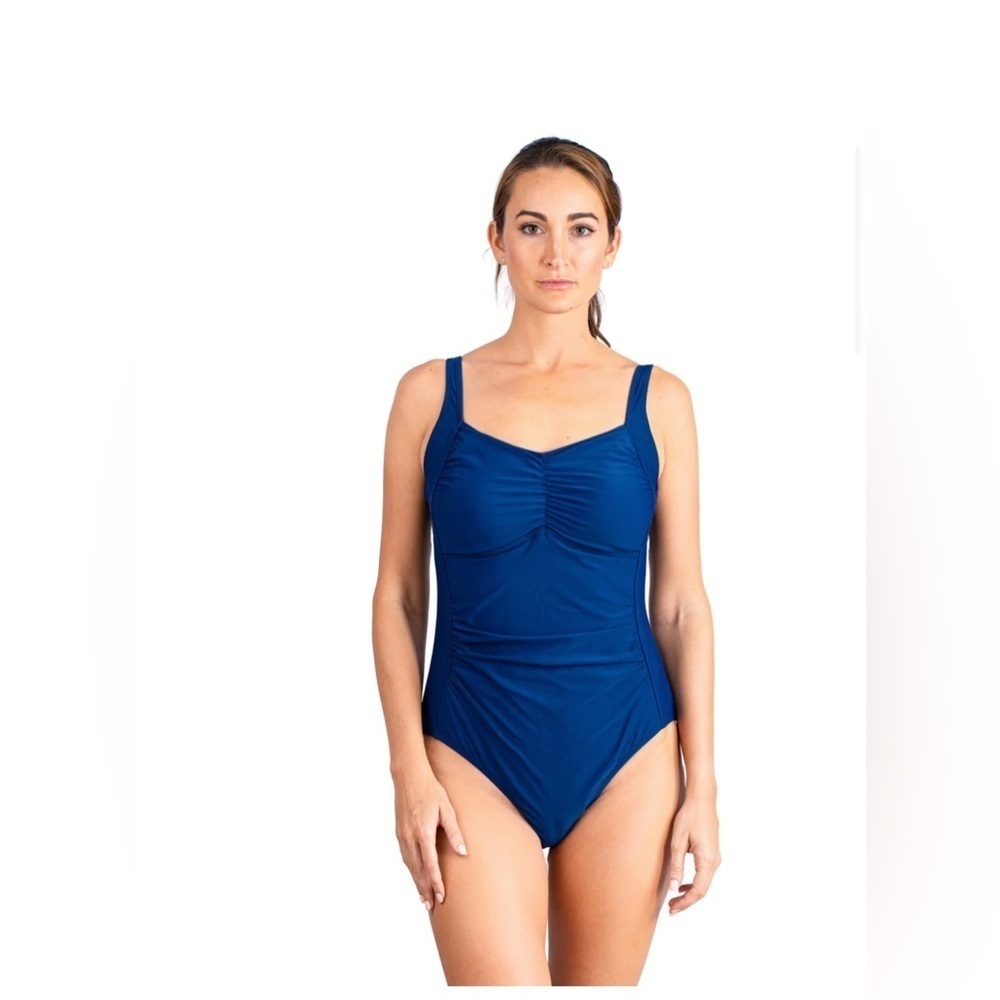 NWT HEAT NAVY MISSY RUCHED FRONT PANEL SIDE ONE PIECE S